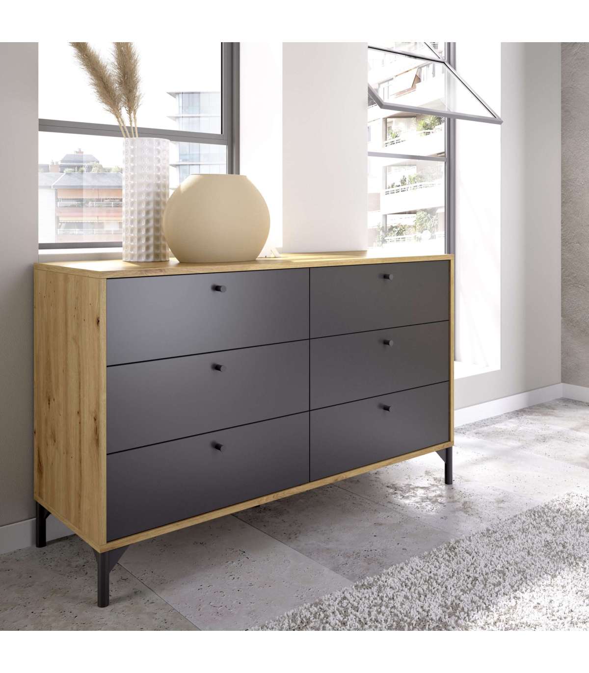 Comoda Doble 6 Cajones Terra En Acabado Nordic-grafito, 82.4 Cm(alto)120.4 Cm(ancho)40 Cm(largo)_0