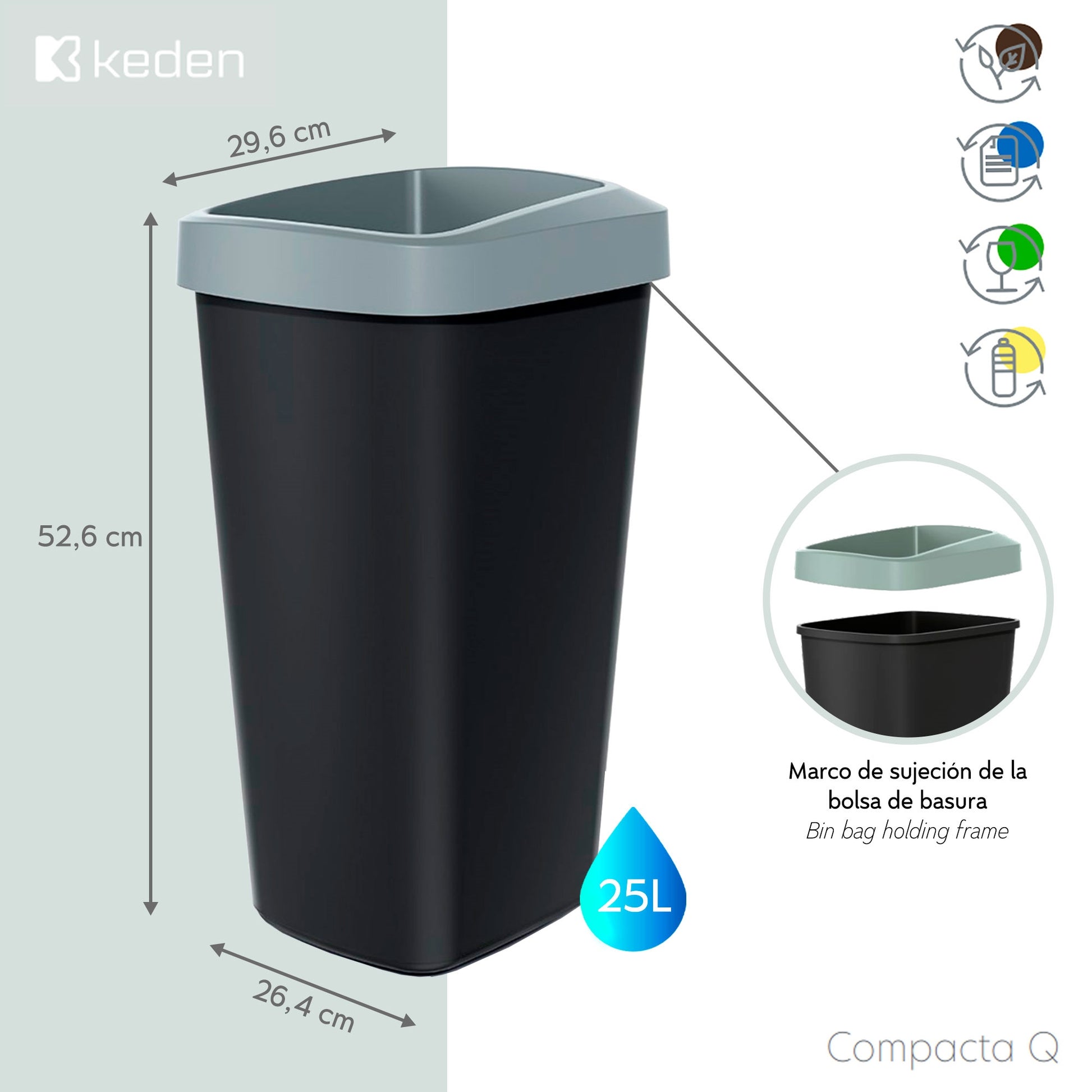 Cubo De Reciclaje 25l Keden En Plástico Con Práctica Tapa Abierta Color Verde.