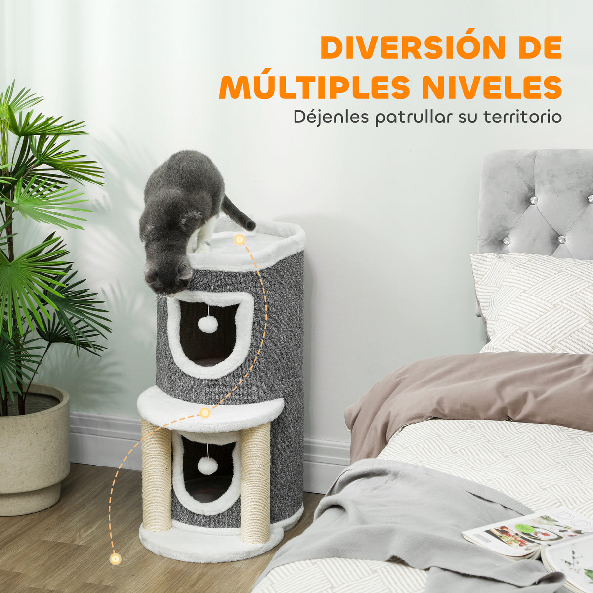 Pawhut Árbol Rascador Para Gatos 76 Cm Con Cama 2 Cuevas Postes Alfombra Gris_3