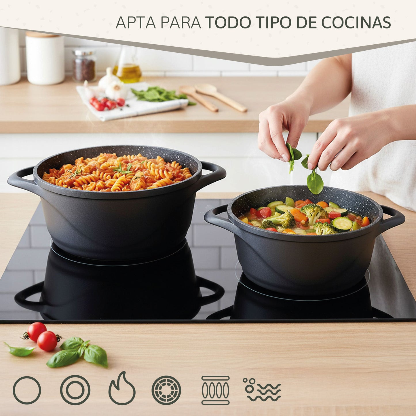 Briebe Batería De Cocina Inducción 8 Piezas Aluminio Fundido 4 Ollas Con Tapa De Cristal Antiadherente, Mgk-17, Negro_5
