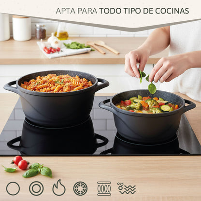 Briebe Batería De Cocina Inducción 6 Piezas Aluminio Fundido 3 Ollas Con Tapa De Cristal Antiadherente, Mgk-18s, Negro_5