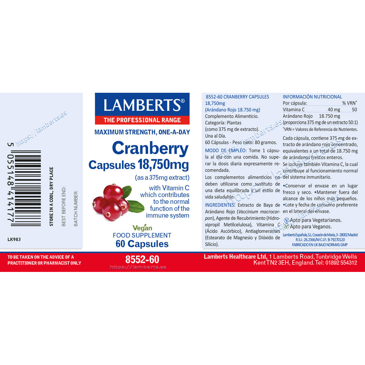 Cranberry 18.750 mg, Lamberts, 60 cápsulas