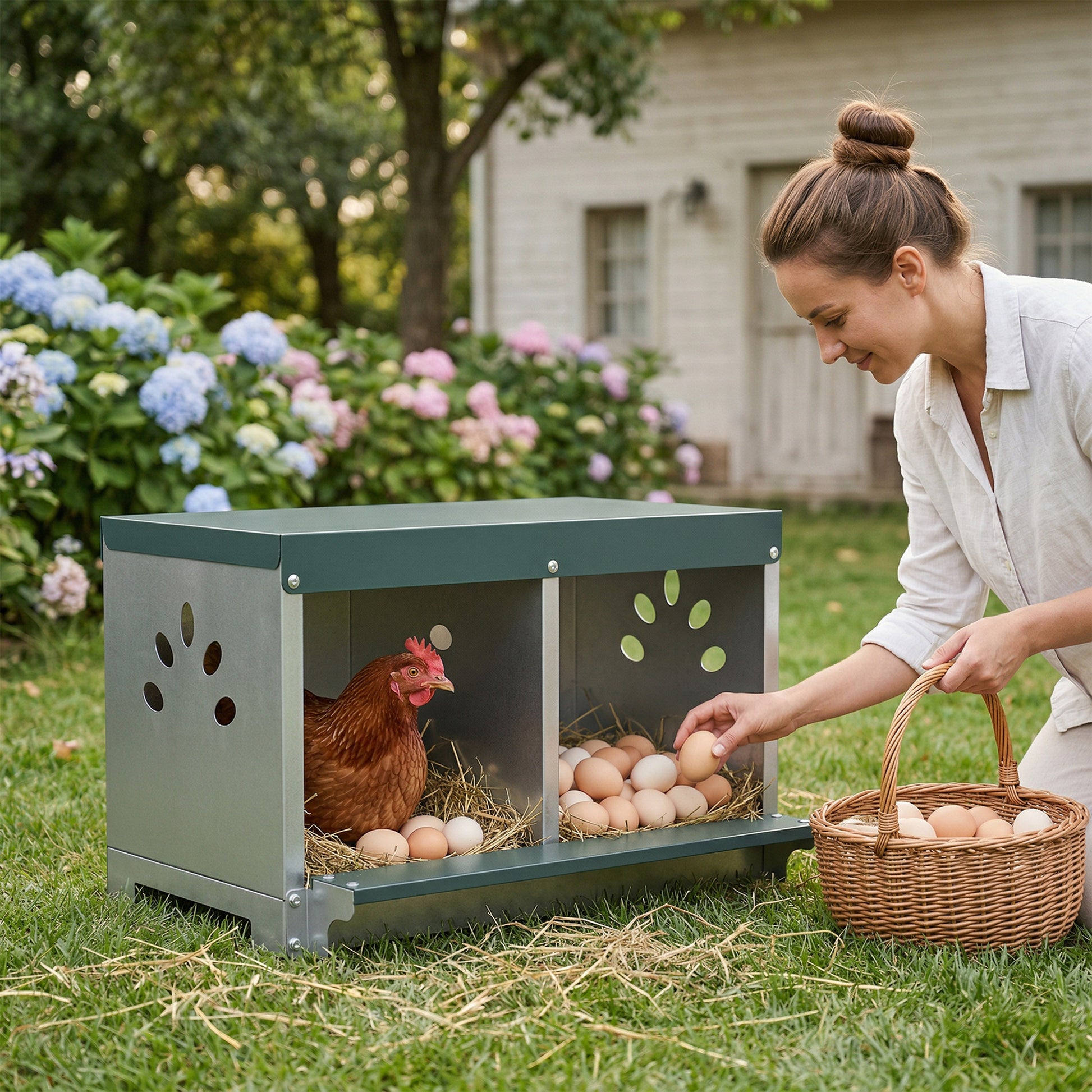 Pawhut Ponedero Para Gallinas De Acero Galvanizado Con 2 Huecos Para 2 Gallinas_3