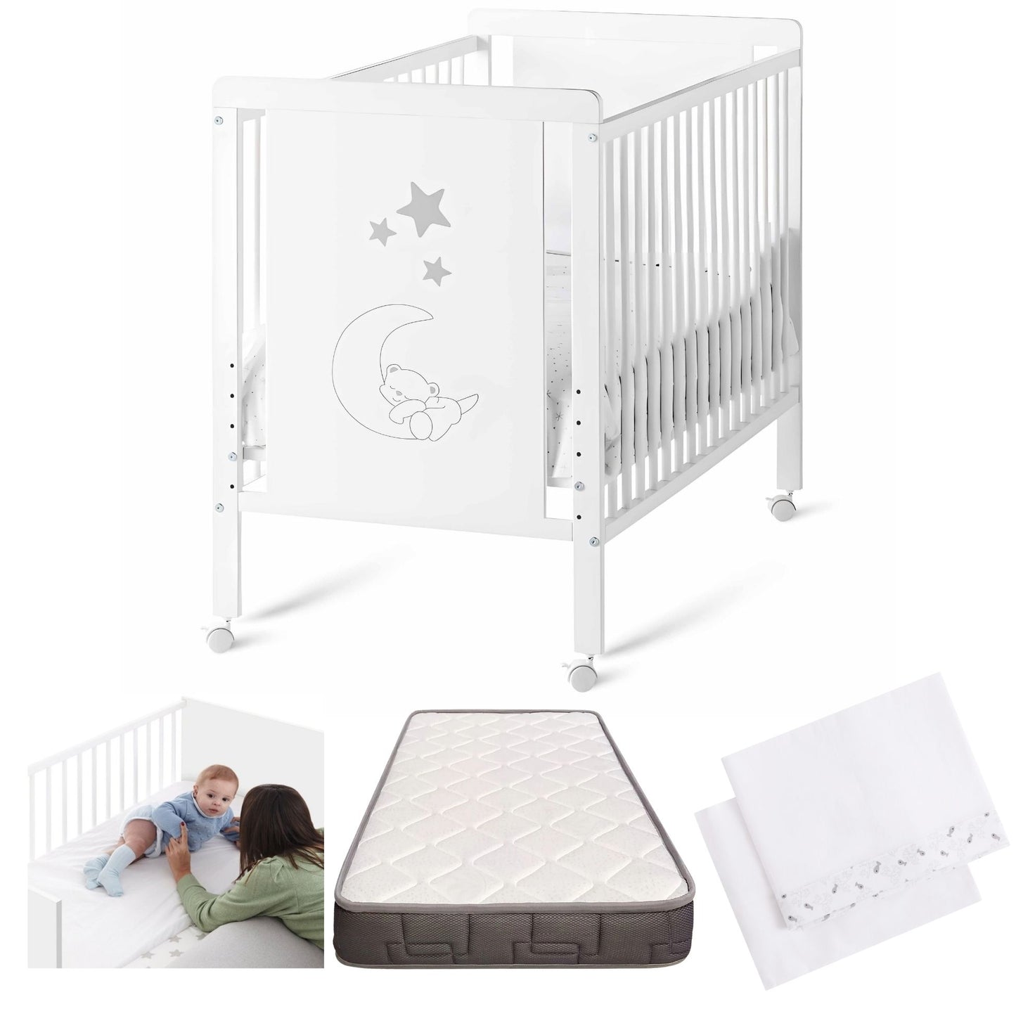 Cuna Colecho De Bebé Indi Estilo Nórdico Infantil 120x60cm Con Colecho, Colchón Morfeo, 4 Ruedas Y Sábanas De Algodón_0