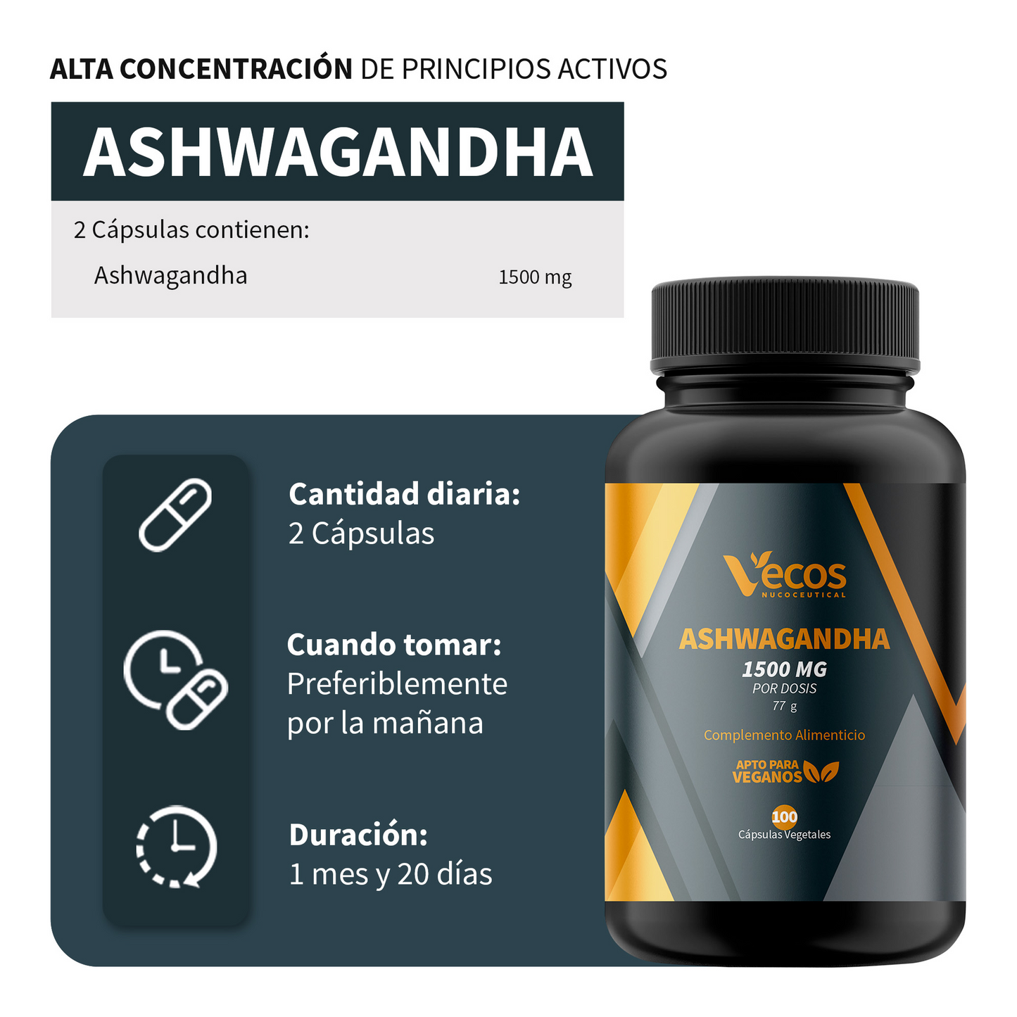 Ashwagandha 1500 mg VECOS (100 cápsulas) | Estrés y equilibrio emocional | Cápsulas vegetales | Ayuda a descansar mejor_2