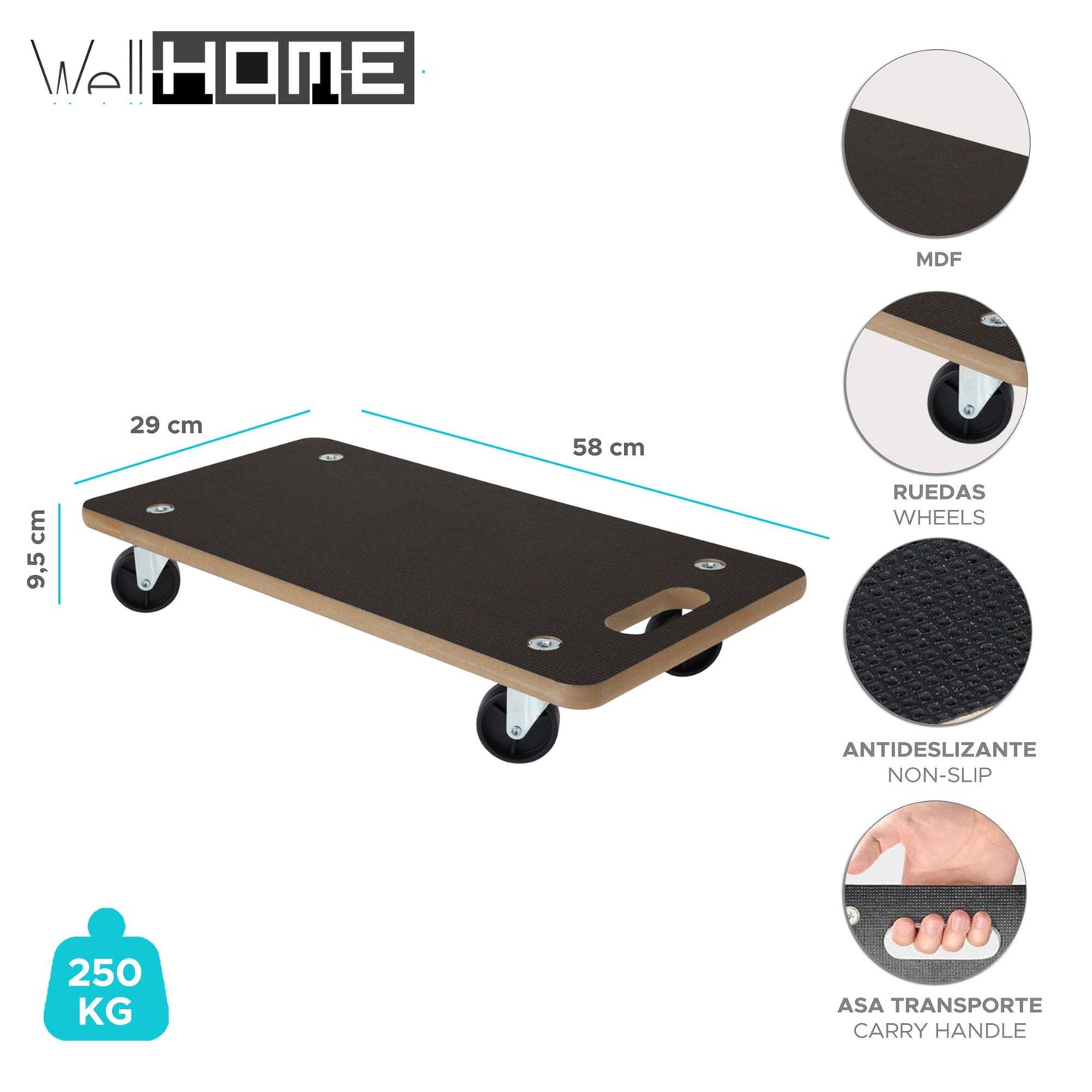 Well Home Carro De Transporte De Formato Rectangular Con Placa Antideslizante En Mdf 58x29x9,5cm_1