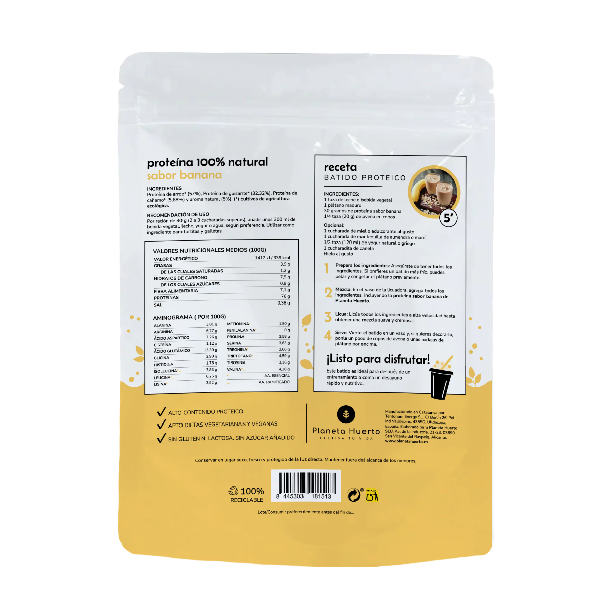 Proteína Vegetal Biológica 76% Banana Planeta Huerto 500 g