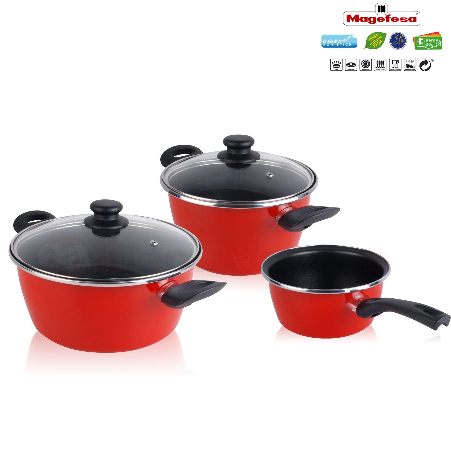 Bateria De Cocina 5 Piezas + Set Juego 3 Sartenes 18-20-24cm, Acero Vitrificado 820ºc, Libre Pfoa Magefesa Grana, Rojo_2