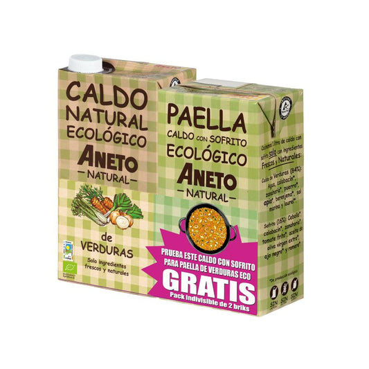 Embalagem de 1 litro de caldo de legumes biológico natural + 1 litro de caldo de paella biológico Aneto GRÁTIS