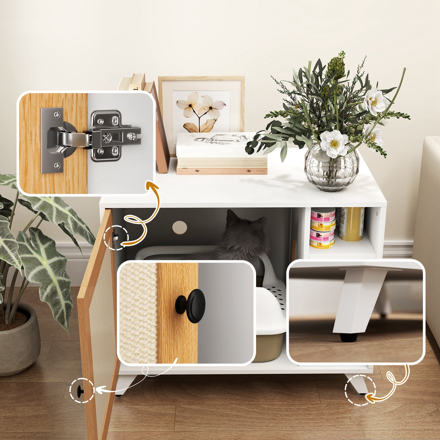 Pawhut Mueble Arenero Para Gatos Con Puerta Con Almohadilla Para Rascar Blanco_3