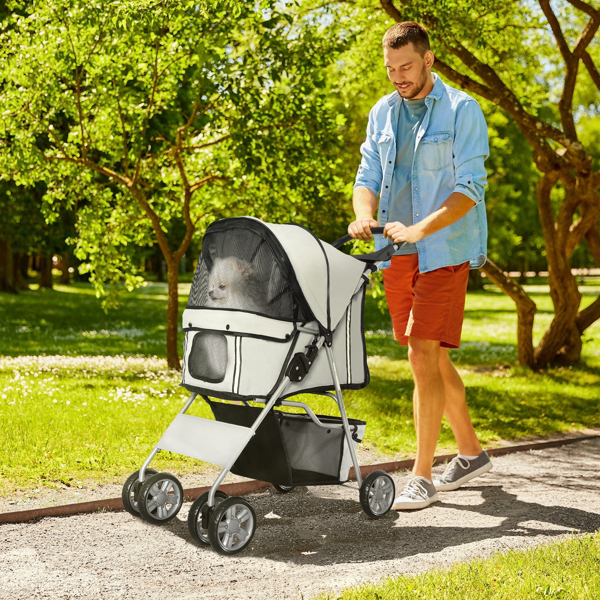 Pawhut Carrito Para Perros Plegable Con Toldo Ajustable 75x45x97 Cm Gris_1