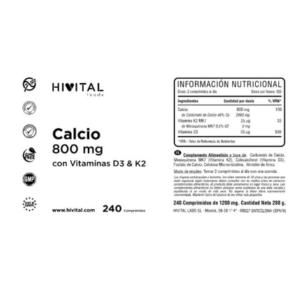 Cálcio 800 mg com vitamina D3 e K2 240 comprimidos Hivital