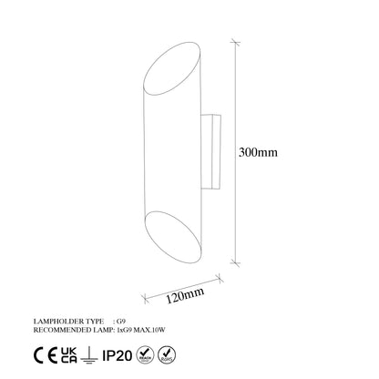 Aplique De Pared, Metal , Blanco, 8x12x30, Casquillo 2 X G9 Max 10 W