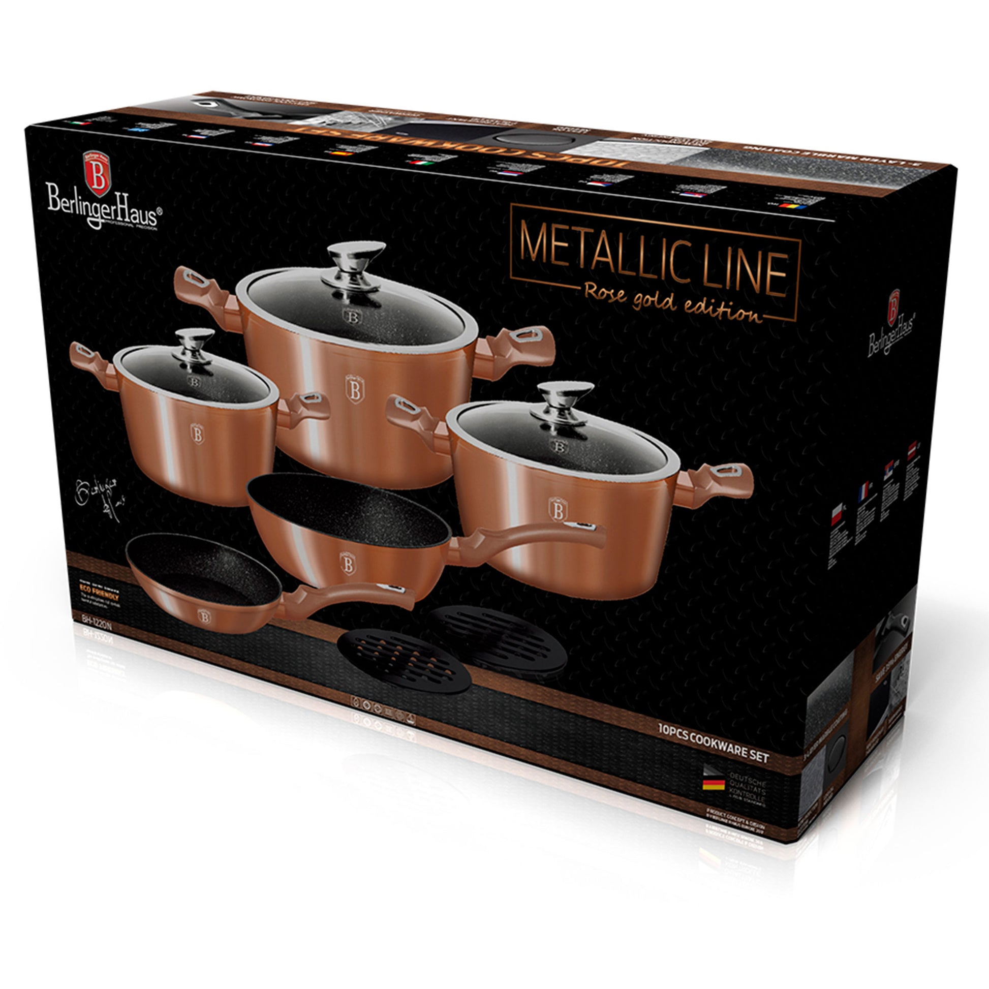 Batería Cocina Inducción 10 Piezas, Antiadherente Mármol Sin Pfoa, Aluminio, Cazuelas Sartenes Berlinger Haus Rose Gold Oro Rosado_3