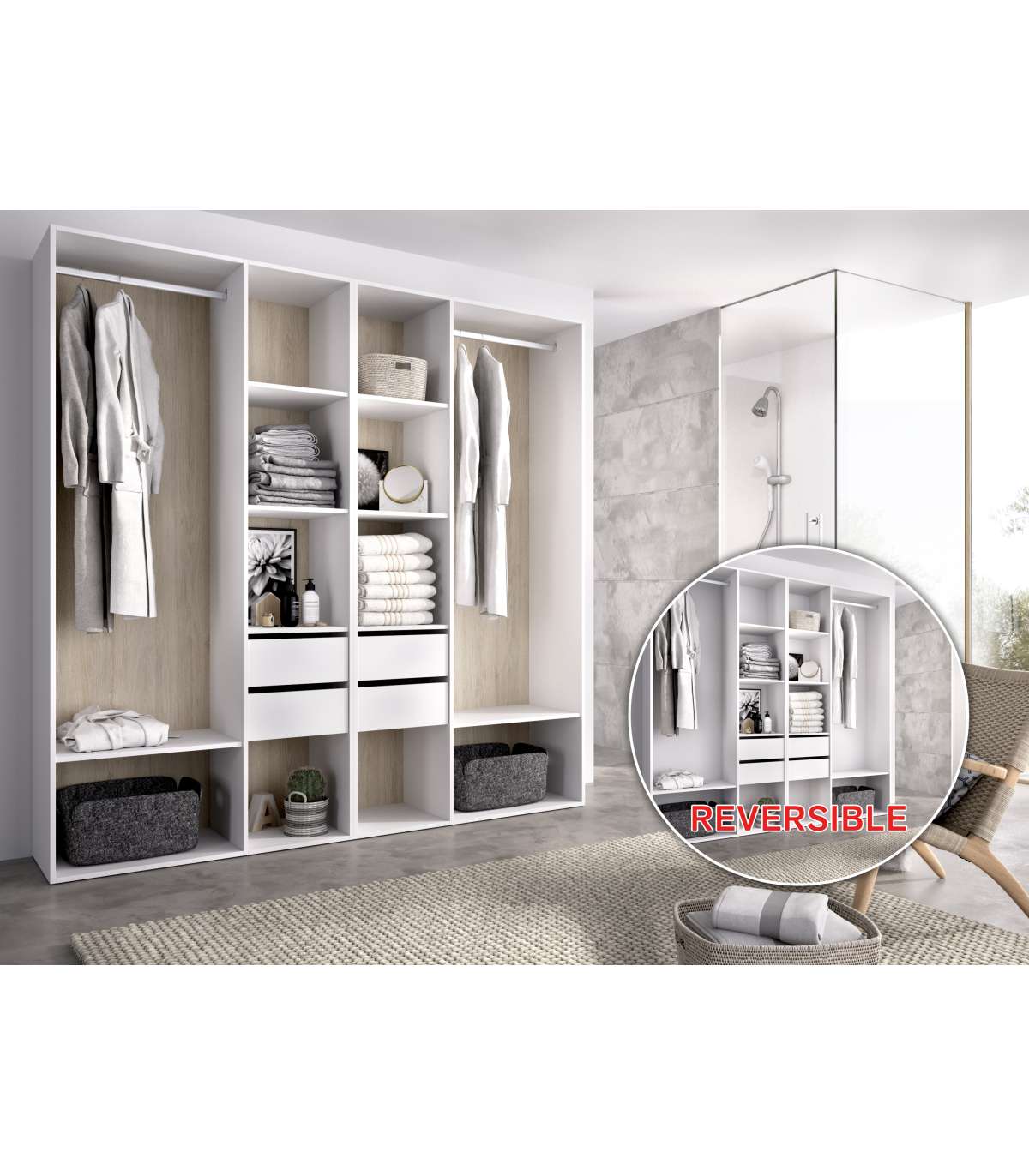 Vestidor Reus 4 Cajones, 10 Huecos Y Trasera Reversible En Blanco/natural, 205cm(alto) 196_1