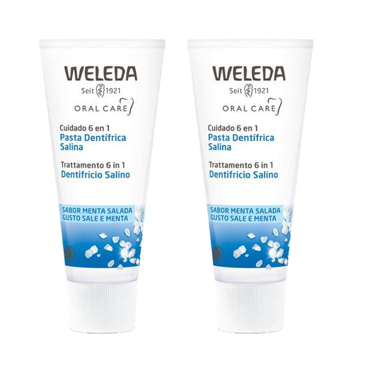 Embalagem com 2 cremes dentais salinos Weleda 75 ml