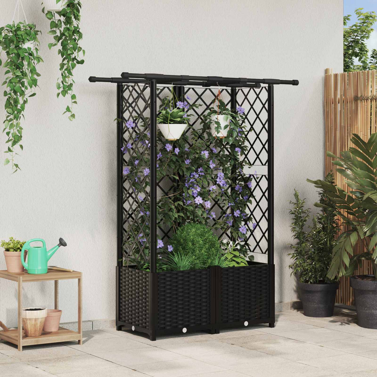 Cama Elevada Con Trellis Y Techo Negro 124 X 40 X 136 Cm Pp_1