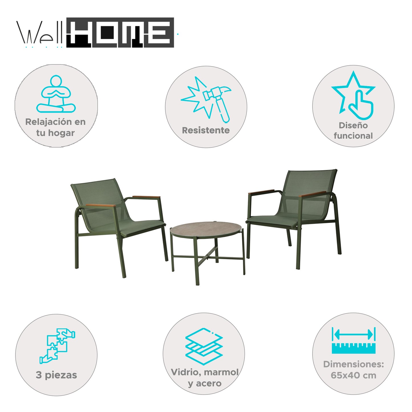 Well Home Conjunto De Muebles De Jardín De 3 Piezas Color Verde De Diseño En Acero Galvanizado_1