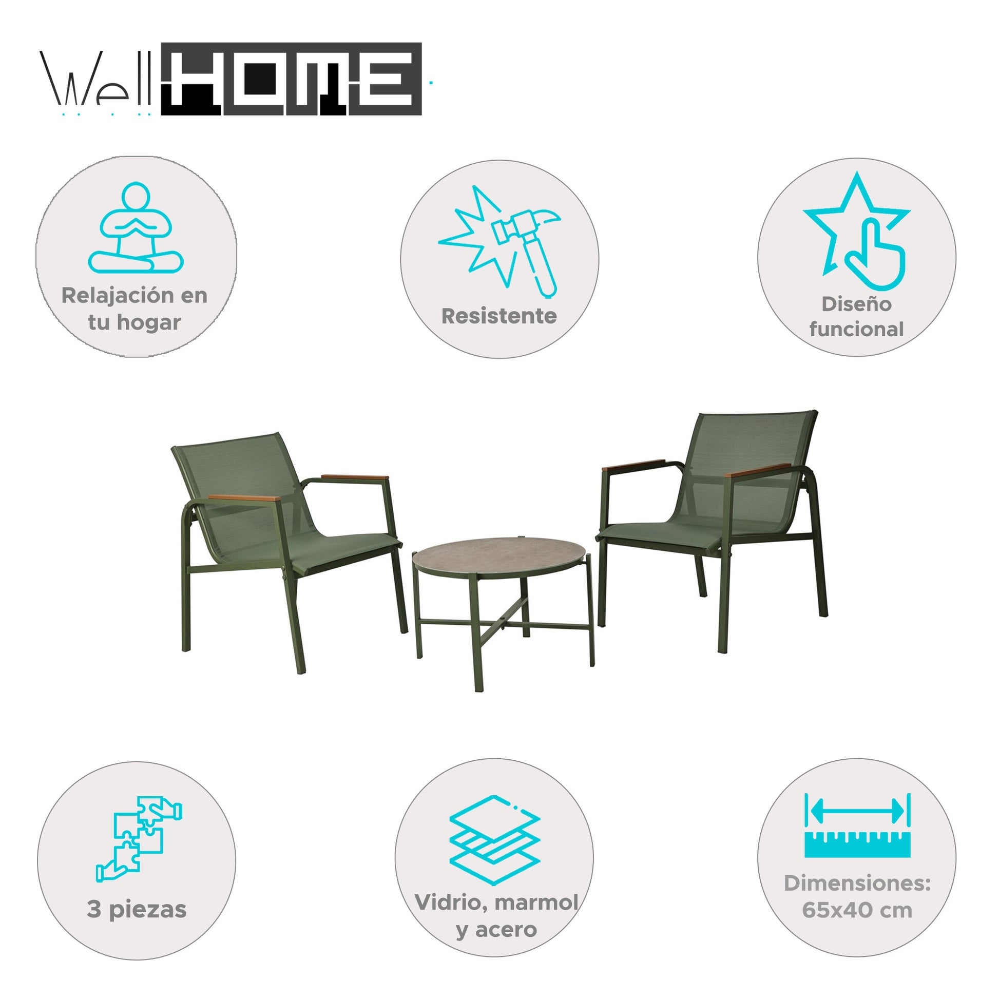 Well Home Conjunto De Muebles De Jardín De 3 Piezas Color Verde De Diseño En Acero Galvanizado_1