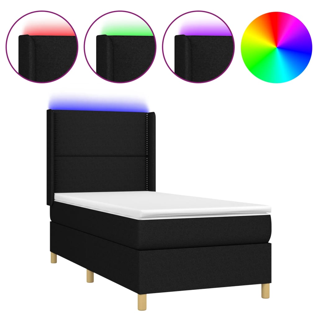Cama Box Spring Colchón Y Luces Led Tela Negro 80x200 Cm / Vetonek_5