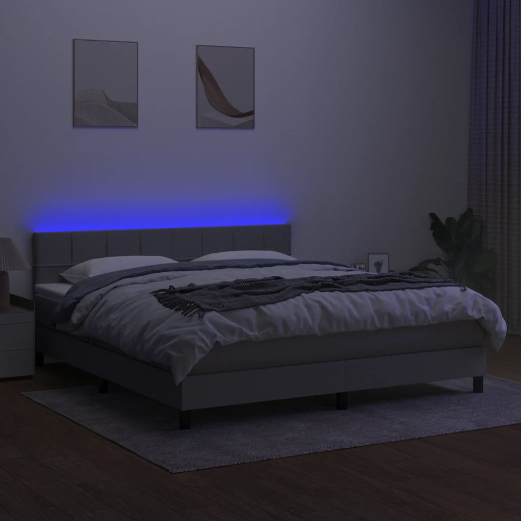 Cama Box Spring Colchón Y Luces Led Tela Gris Claro 180x200 Cm / Vetonek_3