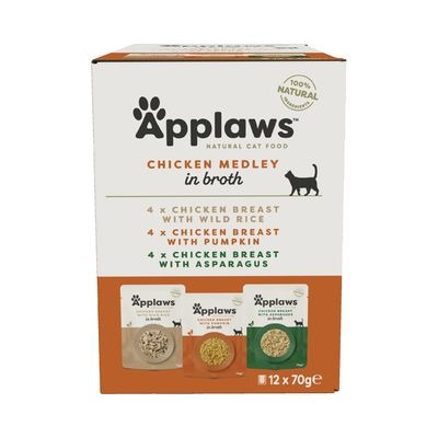 Ração húmida para gatos Applaws, caldo de galinha, saqueta 12 x 70 g