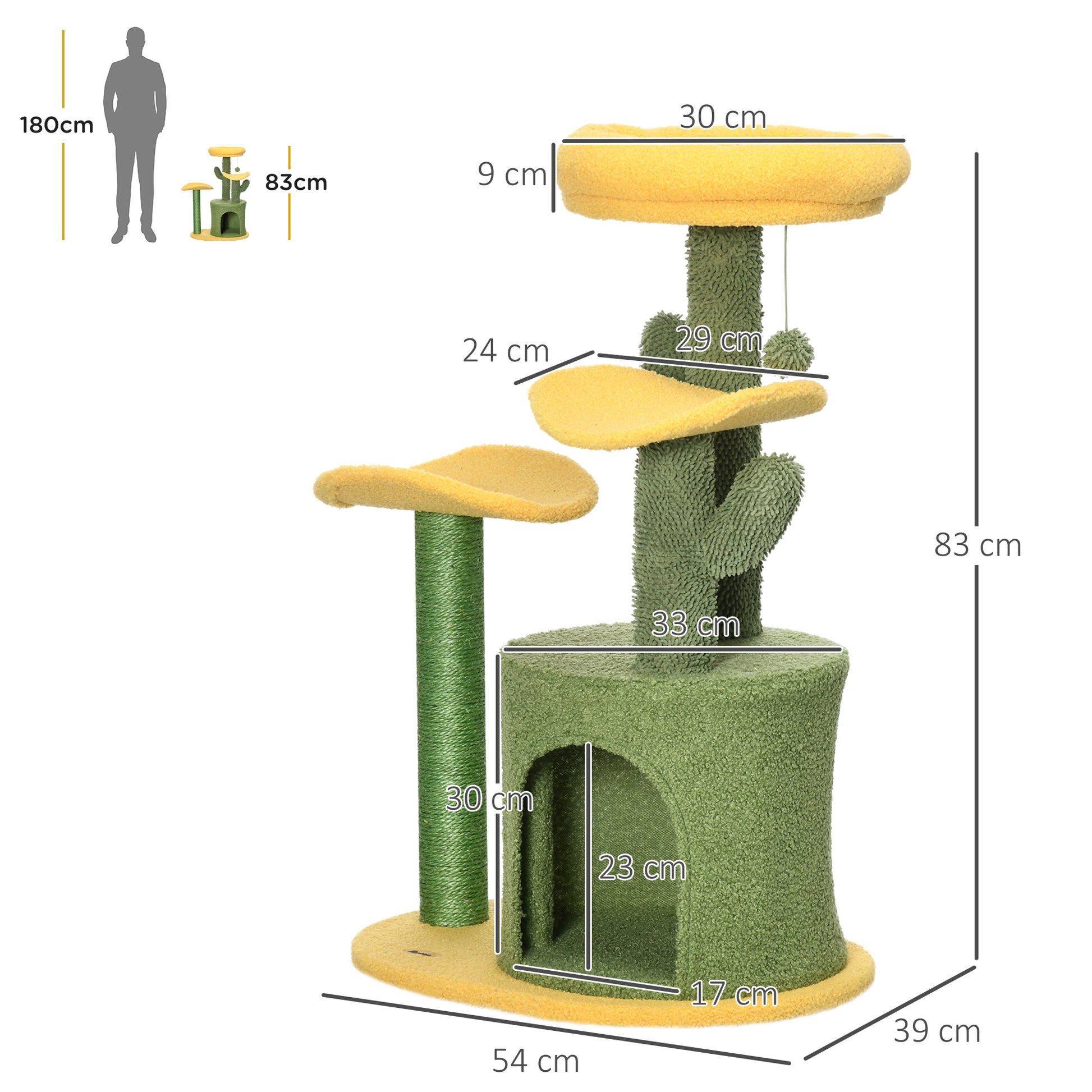 Pawhut Árbol Rascador Para Gatos En Forma De Cactus Altura 83 Cm Con Cama Caseta_2