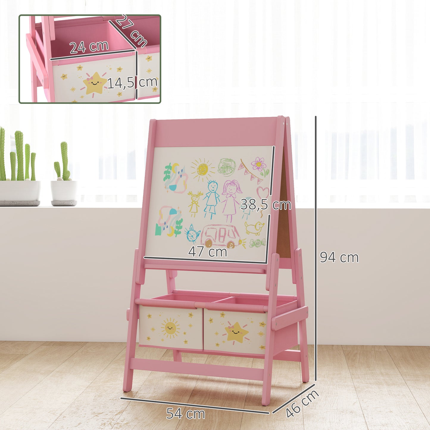 Aiyaplay Pizarra Infantil Caballete 3 En 1 Con Rollo De Papel Y Cestas Rosa_2
