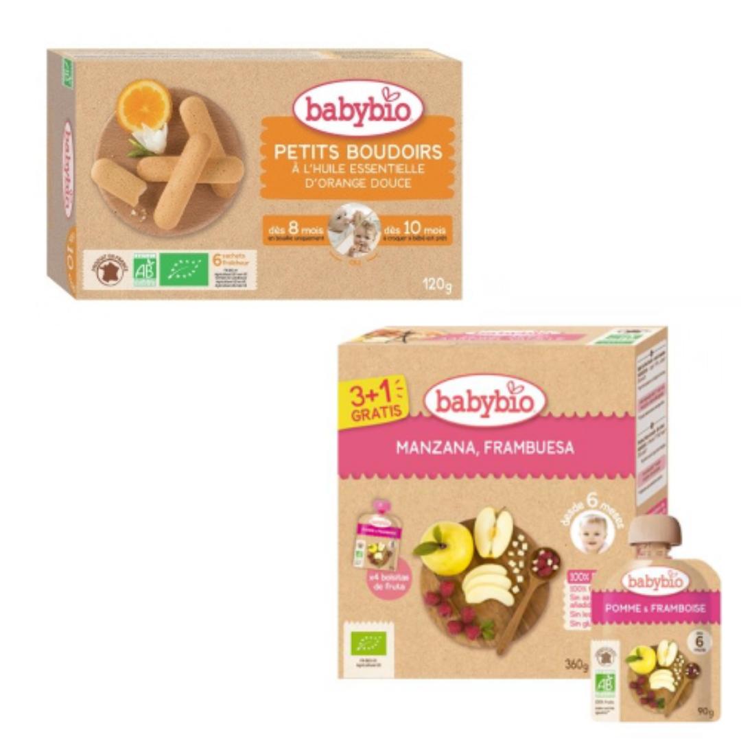 Bolachas para a dentição, 120 g + Embalagem de 4 saquetas de maçã e framboesa, 90 g. Babybio