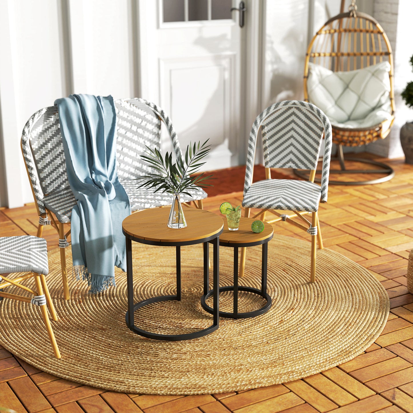 Outsunny Juego De 2 Mesas De Jardín Con Encimera De Madera Diseño Listones Teca_3