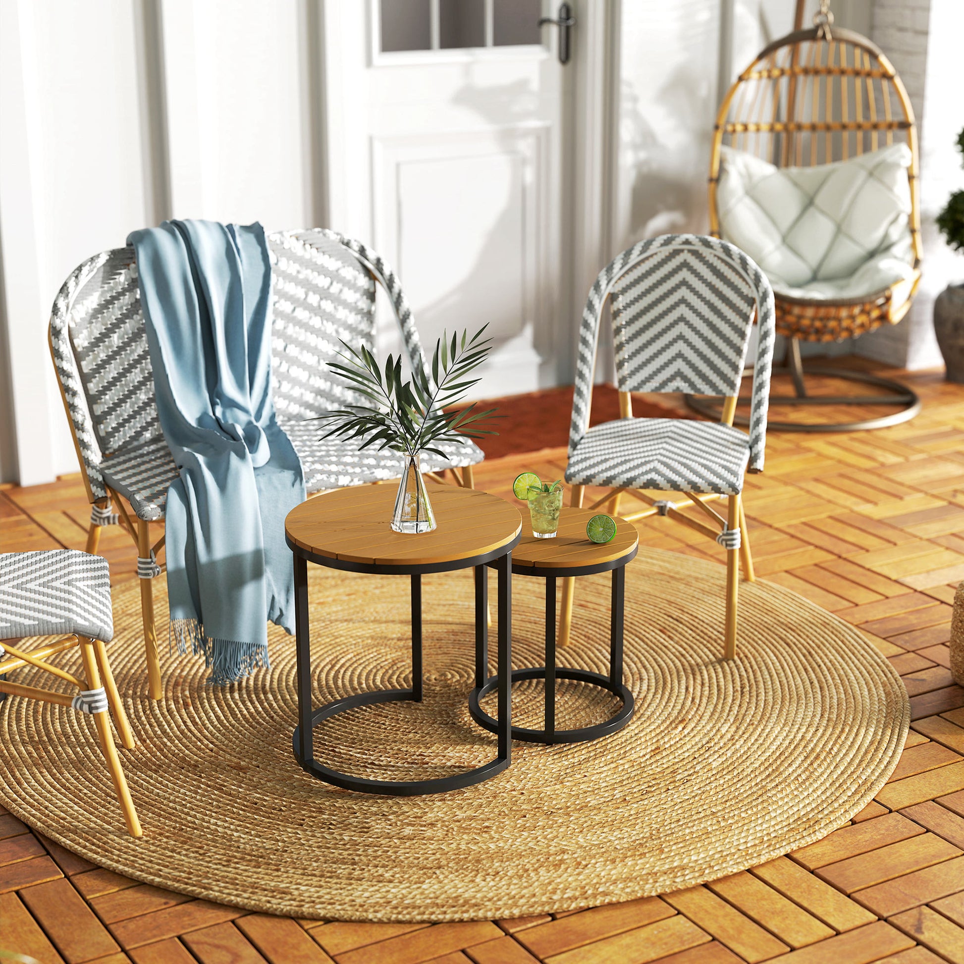 Outsunny Juego De 2 Mesas De Jardín Con Encimera De Madera Diseño Listones Teca_3