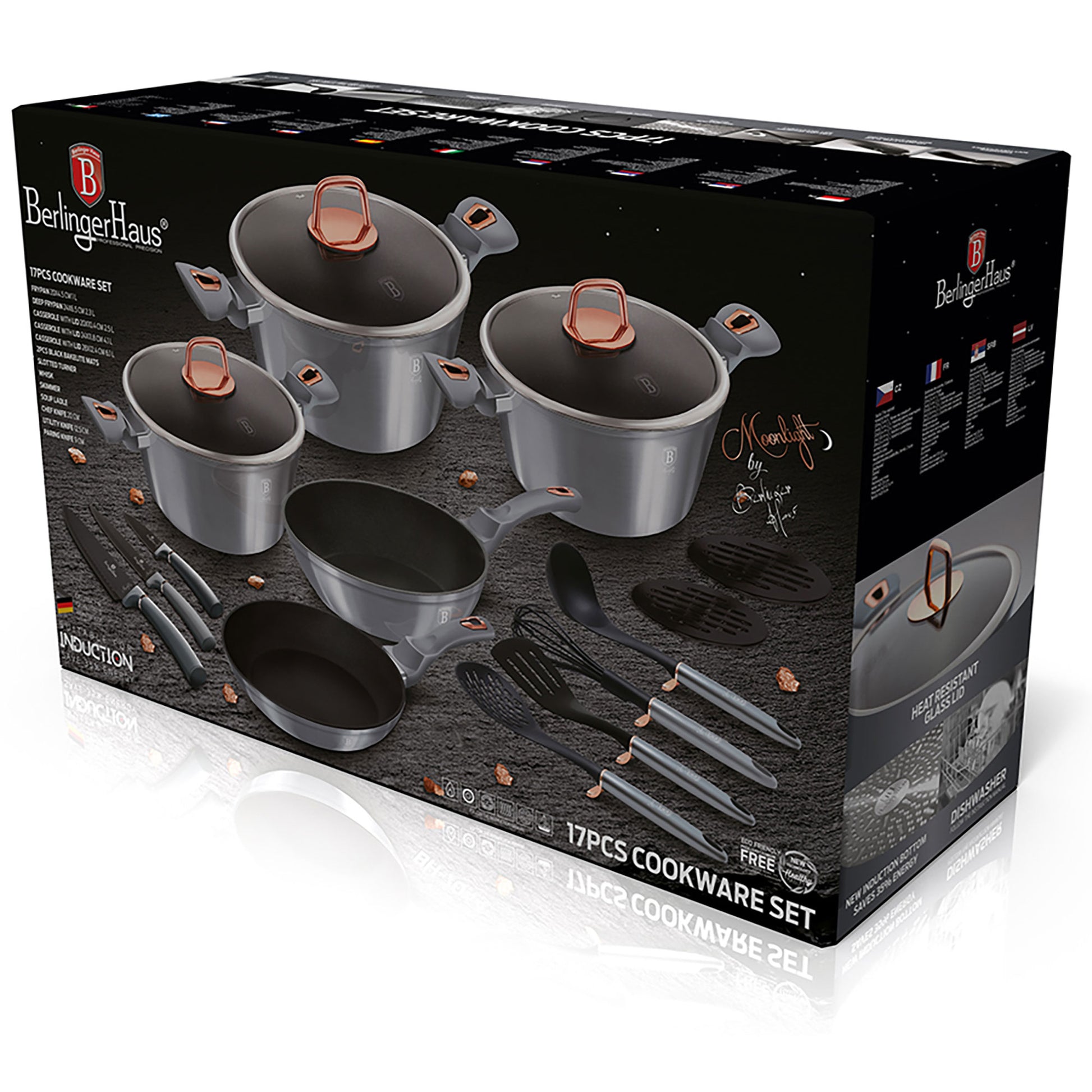 Batería Cocina Inducción 17 Piezas, Antiadherente Mármol Sin Pfoa, Aluminio, Cazuelas Sartenes Berlinger Haus Moonlight Gris_2