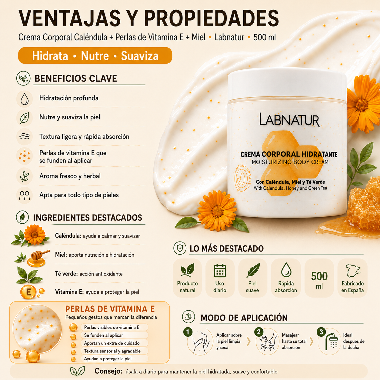 Crema Corporal Con Perlas De Vitamina E, Caléndula Y Miel - Labnatur - 500 Ml_3