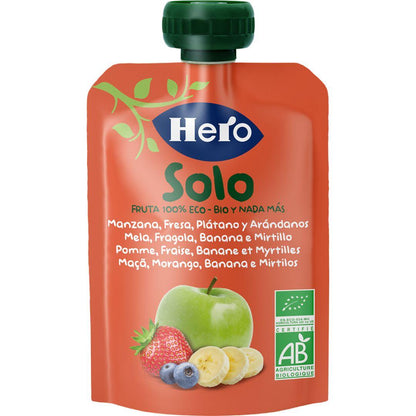 Saco de Fruta 100% Biológico Sabor Maçã, Morango, Banana e Mirtilo 4x100 g - Hero Solo
