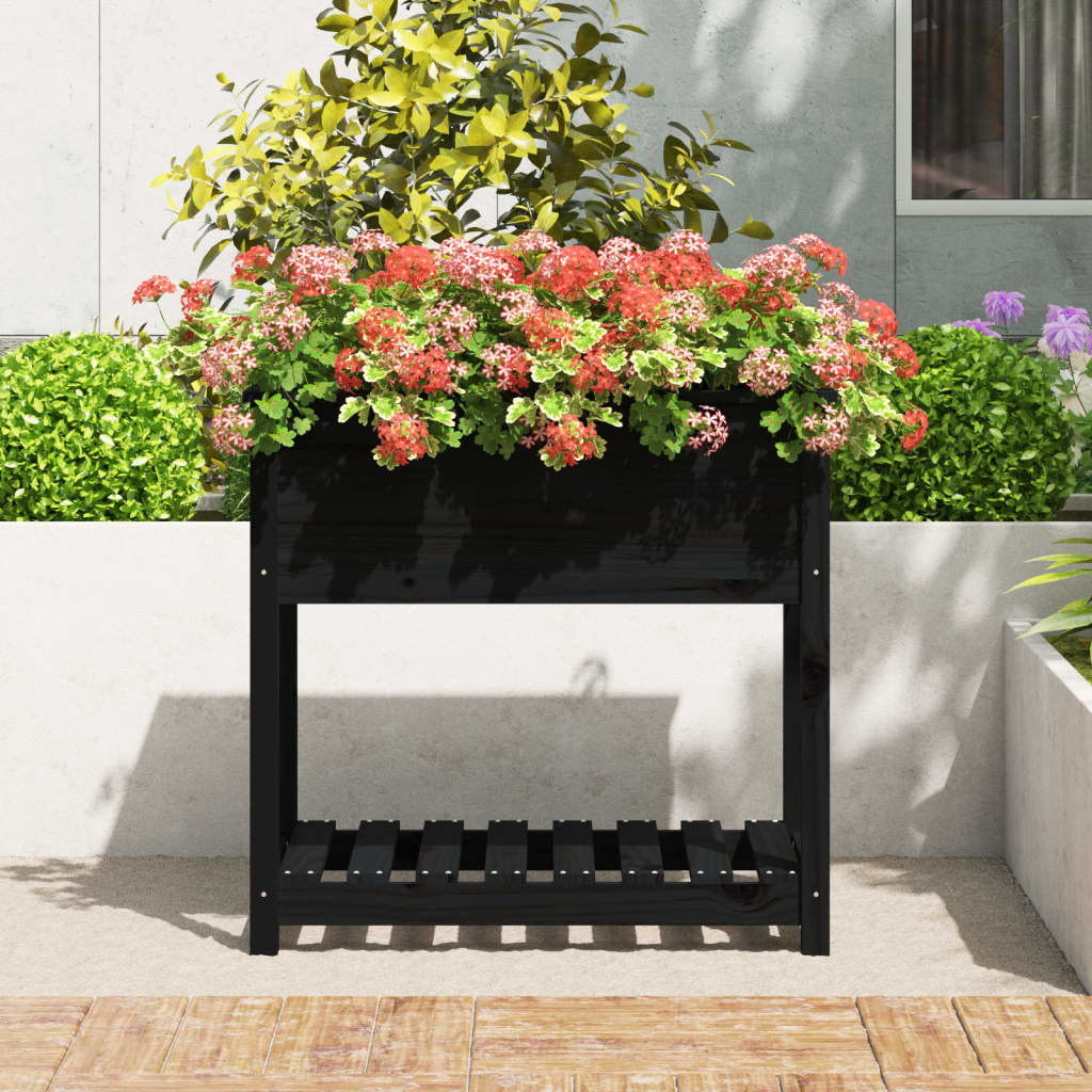 Jardinera Con Estante Madera Maciza De Pino Negro 82,5x54x81 Cm_2