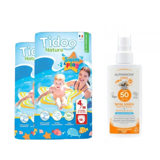 Pack x2 Fraldas de Natação Swimmers T4 (8-15kg) Tidoo + Alphanova Protetor Solar Infantil FPS 50 125 ml