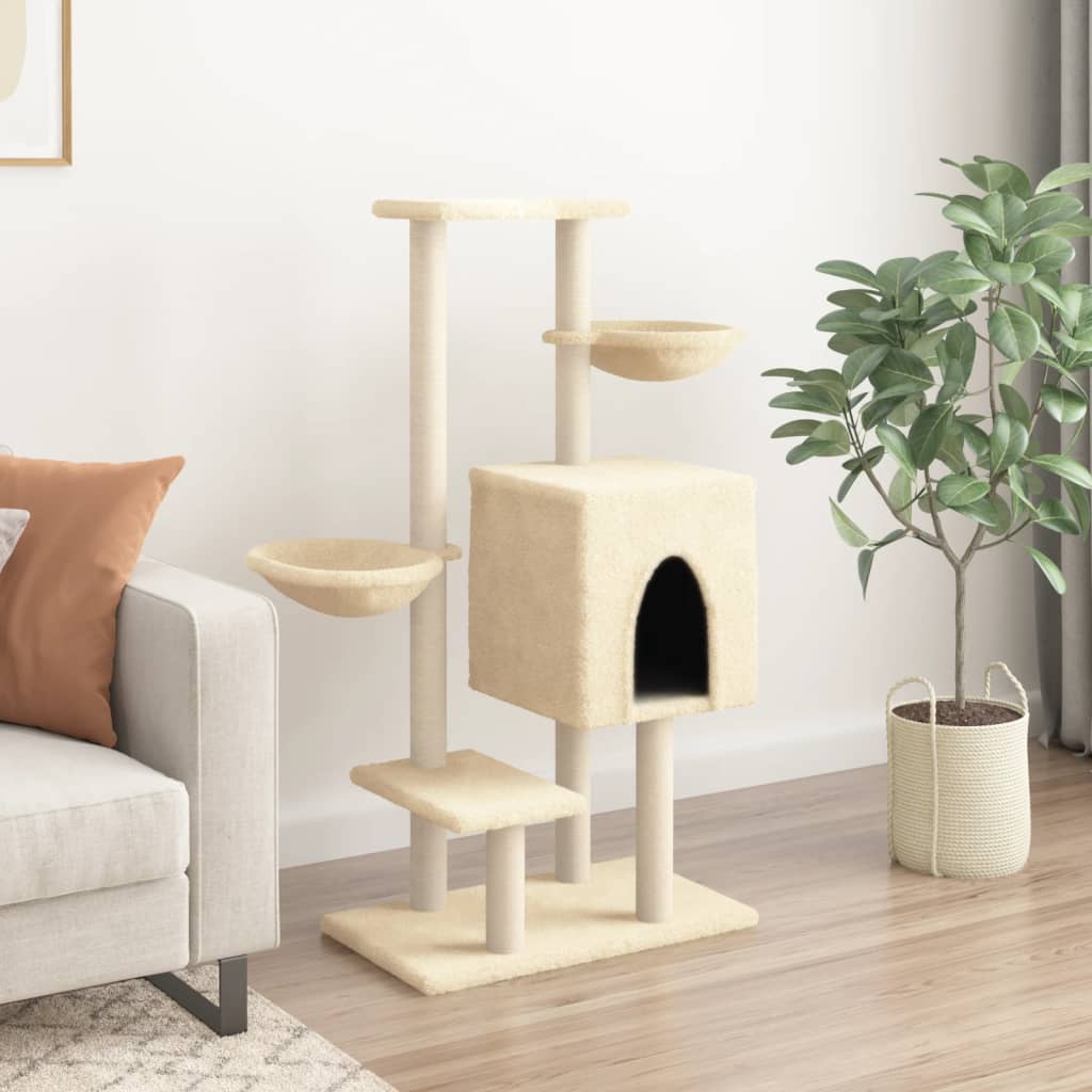 Rascador Para Gatos Con Postes De Sisal Color Crema 117 Cm_2