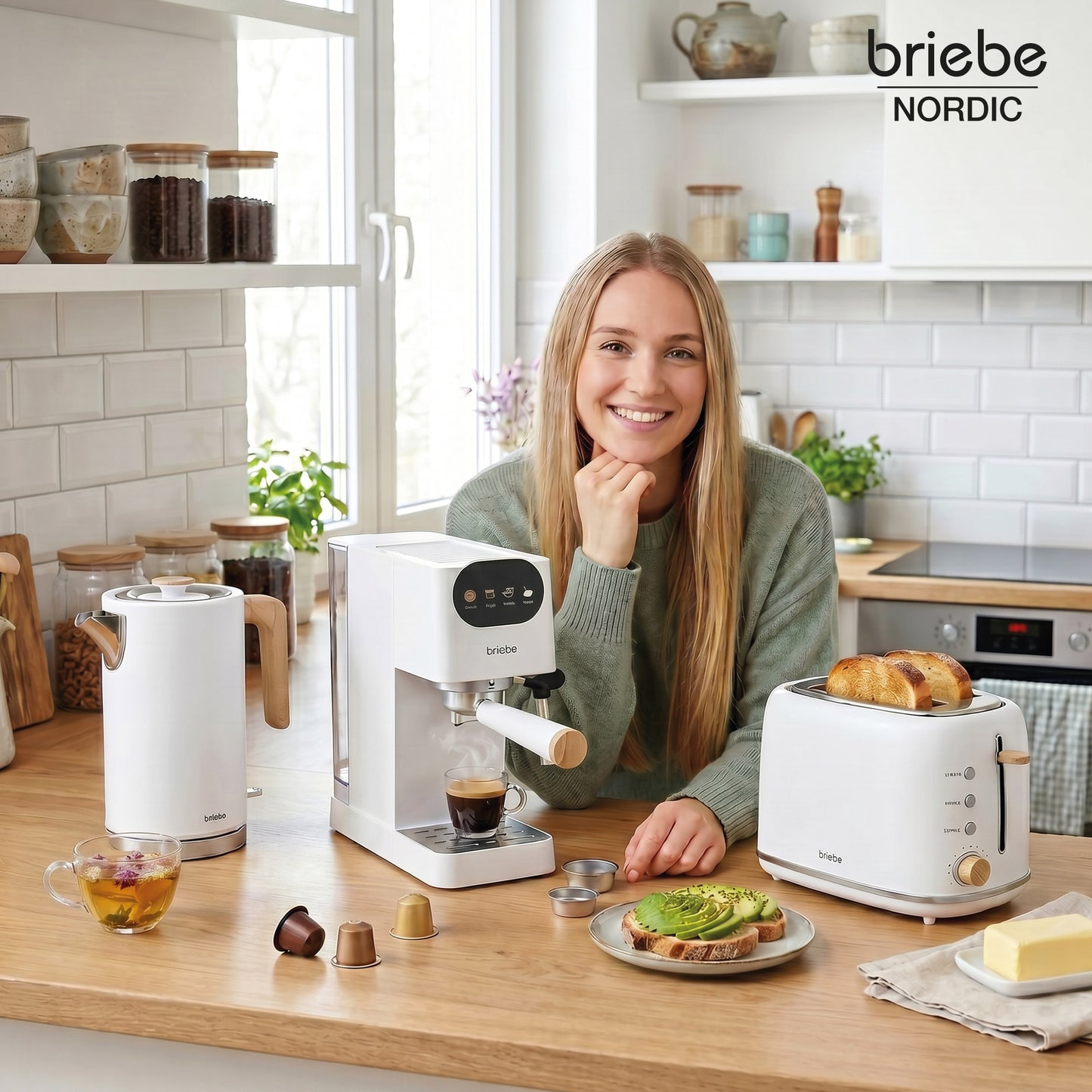 Briebe Nordic Set Cafetera Espresso 20 Bares, Tostadora Pan 2 Rebanadas, Hervidor Eléctrico Agua 1,7l, Skt1209wht,blanco_1