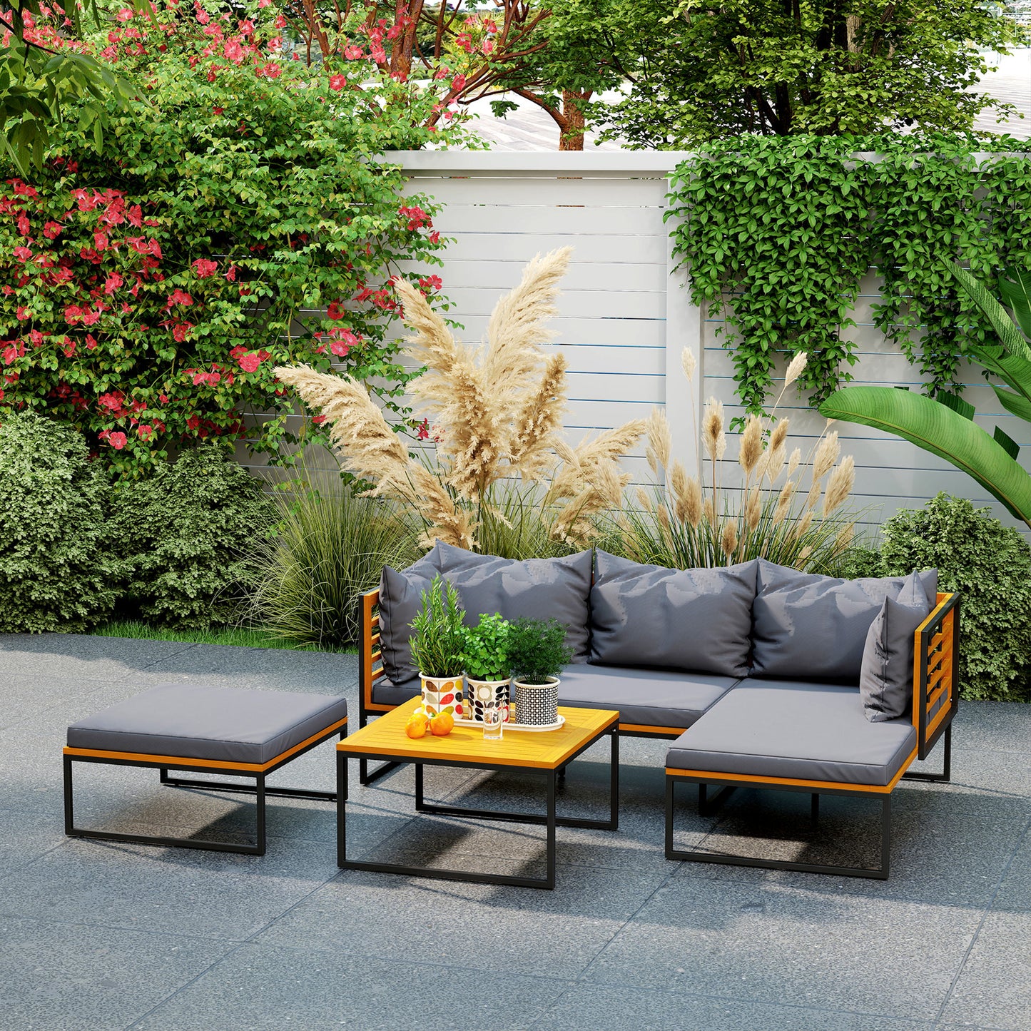 Outsunny Conjunto De Jardín Exterior De 4 Piezas En Forma De L Gris Y Teca_3