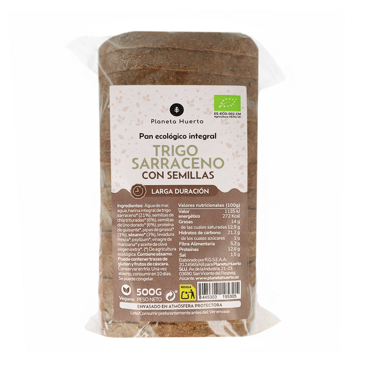 Pan integral proteico de trigo sarraceno con semillas ECO Planeta Huerto 500 g