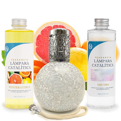 Pack Ahorro Lámpara Catalítica Mosaico Blanco + Fragancia Winter Citrus 500ml + Limpiador Neutro 200ml + Mecha Repuesto_0