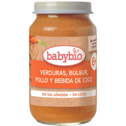 Embalagem com 3 pedaços de vegetais, bulgur, frango e bebida de coco Babybio 200 g