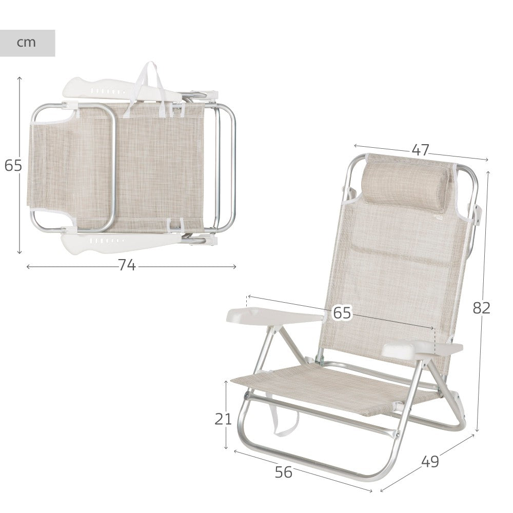 Aktive Silla De Playa Plegable Y Reclinable 7 Posiciones Beige C/cojín Y Asas Mano_3