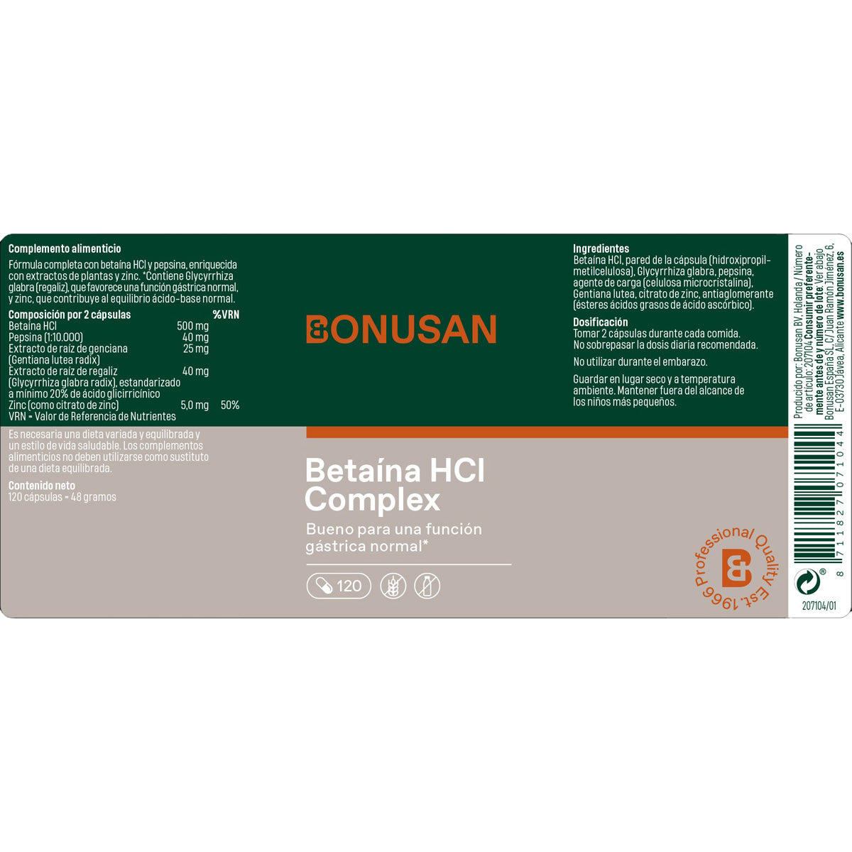 Betaína HCl Complex Bonusan 120 cápsulas