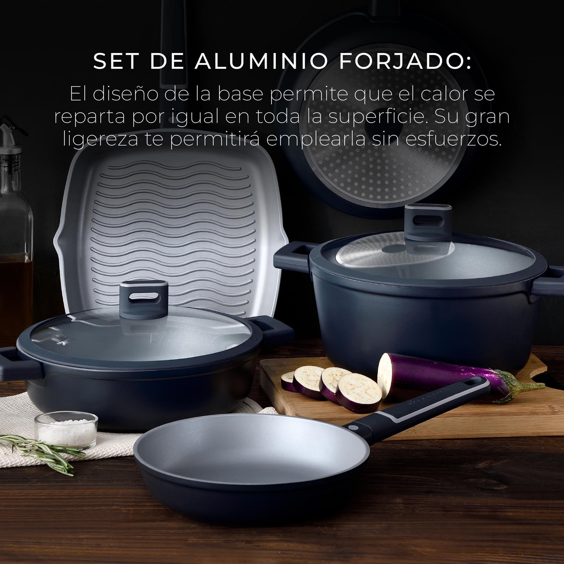 Batería de Cocina 17 Pzs Índigo Aluminio Fundido con Sartenes, Wok, Parrilla y Tapas_1