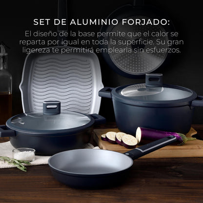 Batería de Cocina 17 Pzs Índigo Aluminio Fundido con Sartenes, Wok, Parrilla y Tapas_1