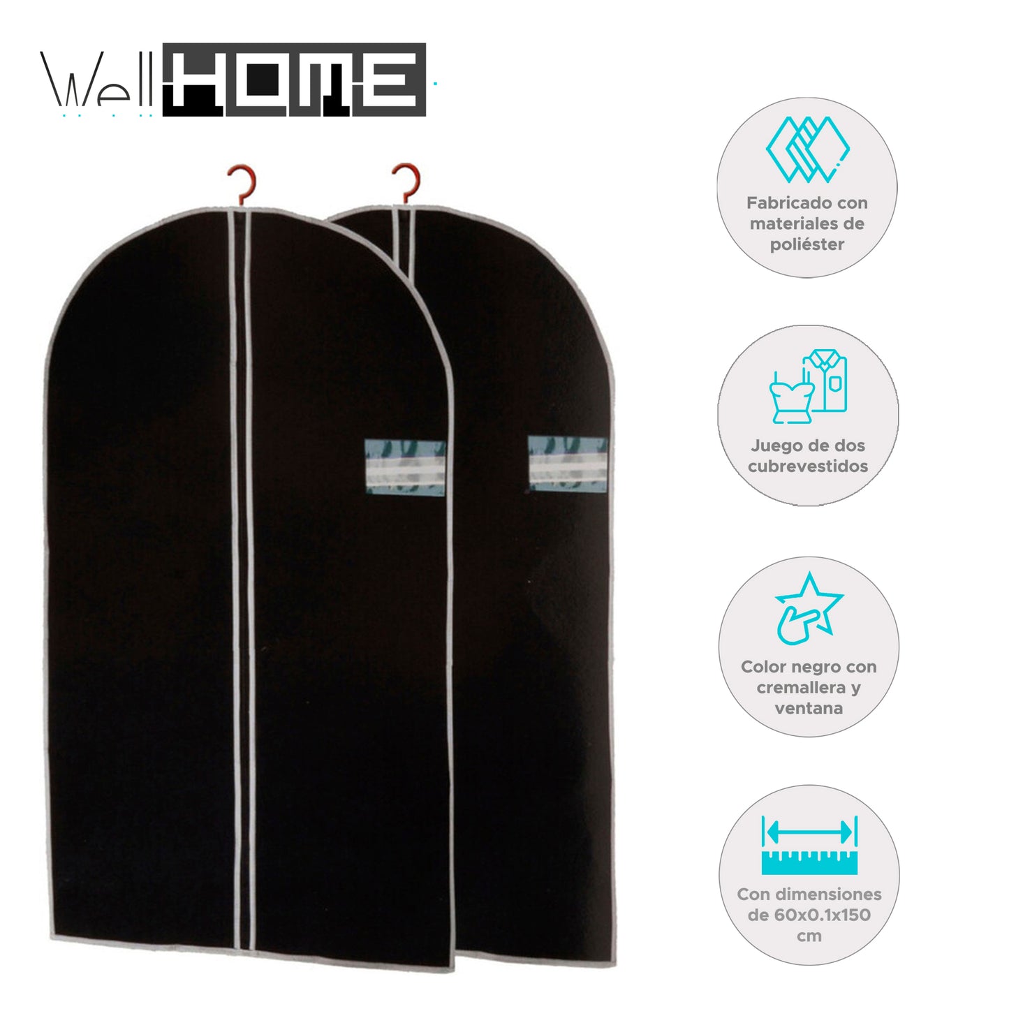 Well Home Juego De 2 Cubrevestidos De Tnt 45g, Tamaño 60x150cm, Negro Con Cremallera Y Ventana Pe_1