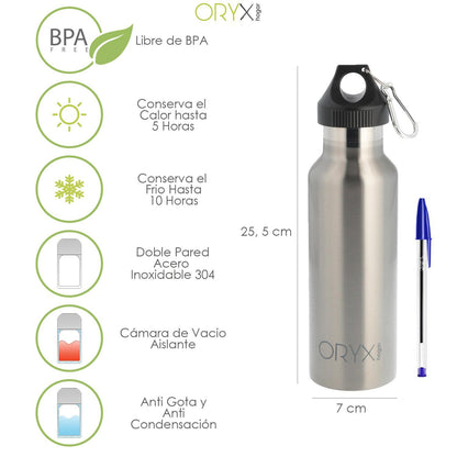 Botella Termica / Termo Acero Inoxidable Antigotas 500 Ml. Cierre 100% Hermetico, Con Mosqueton.