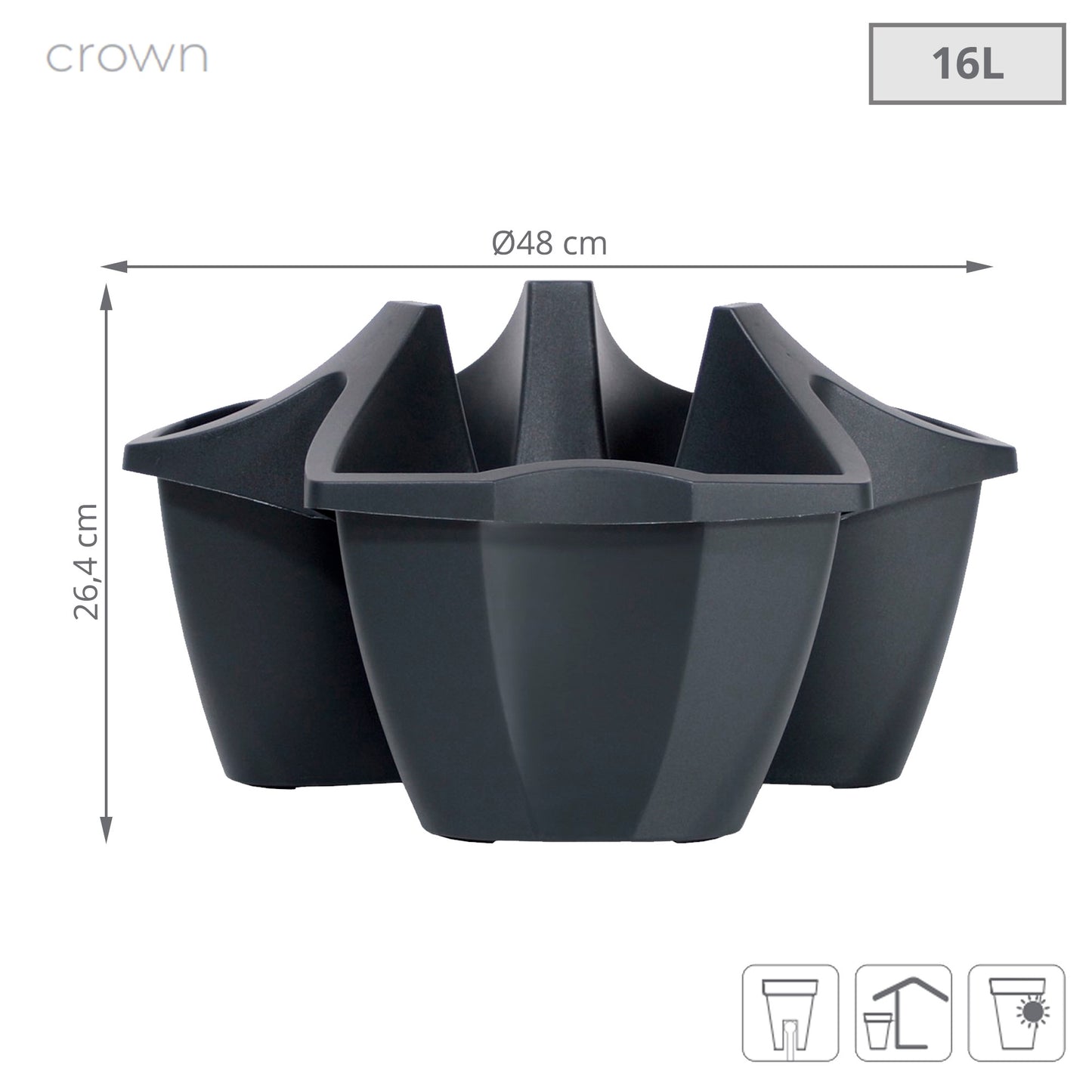 Maceta Crown 16l., Dimensiones (mm) 480x480x264, Color Antracita