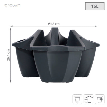 Maceta Crown 16l., Dimensiones (mm) 480x480x264, Color Antracita